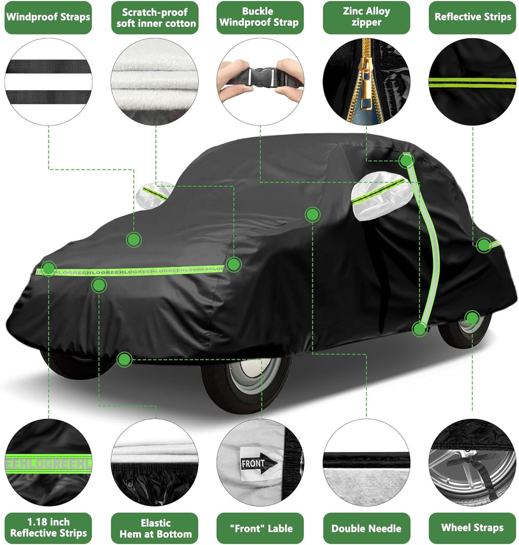 Car Cover for 1960-1980 Beetle Bug Sedan 2-Door,Full Exterior Car Covers for Automobiles All Weather Waterproof Heavy Duty,Zipper/Cotton Design Rain Snow Sun Winter UV Proof【210T Taffeta】- Black