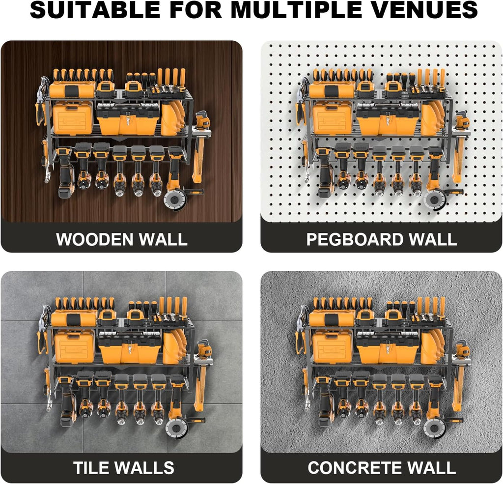 Large Power Tool Organizer Wall Mount, Power Tool Shelf System Battery Storage with 8 Cordless Drill Holder，3 Layers Heavy Duty Metal Loads 450lbs，Utility Racks for Garage Workshop