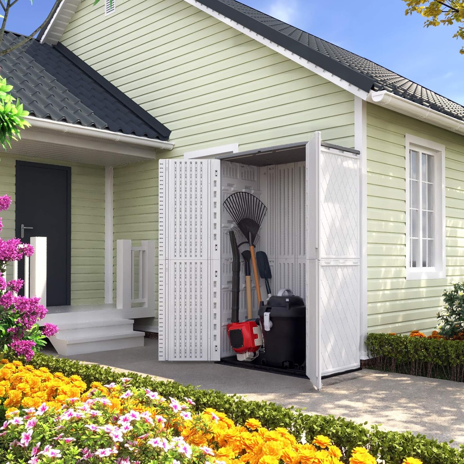 ADDOK Outdoor Storage Cabinet Waterproof,Outdoor Storage Sheds with Floor, Double-Layer Storage Shed for Patios/Generator/Long-Handled Tools (ivory/52 Cu.Ft)