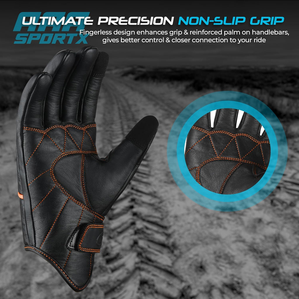 aasportx Motorcycle Gloves - Men's Leather Motorbike Gloves with Touchscreen Function - Non-Slip Pads for Men & Women