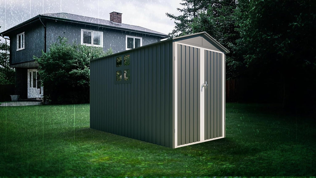 Motorcycle Steel Storage Shed with Window & Tracks,Outdoor Weather-Resistant Storage Box for Bikes, Tools, Sports Equipment,Easy Assembly, 121" W Gray+White