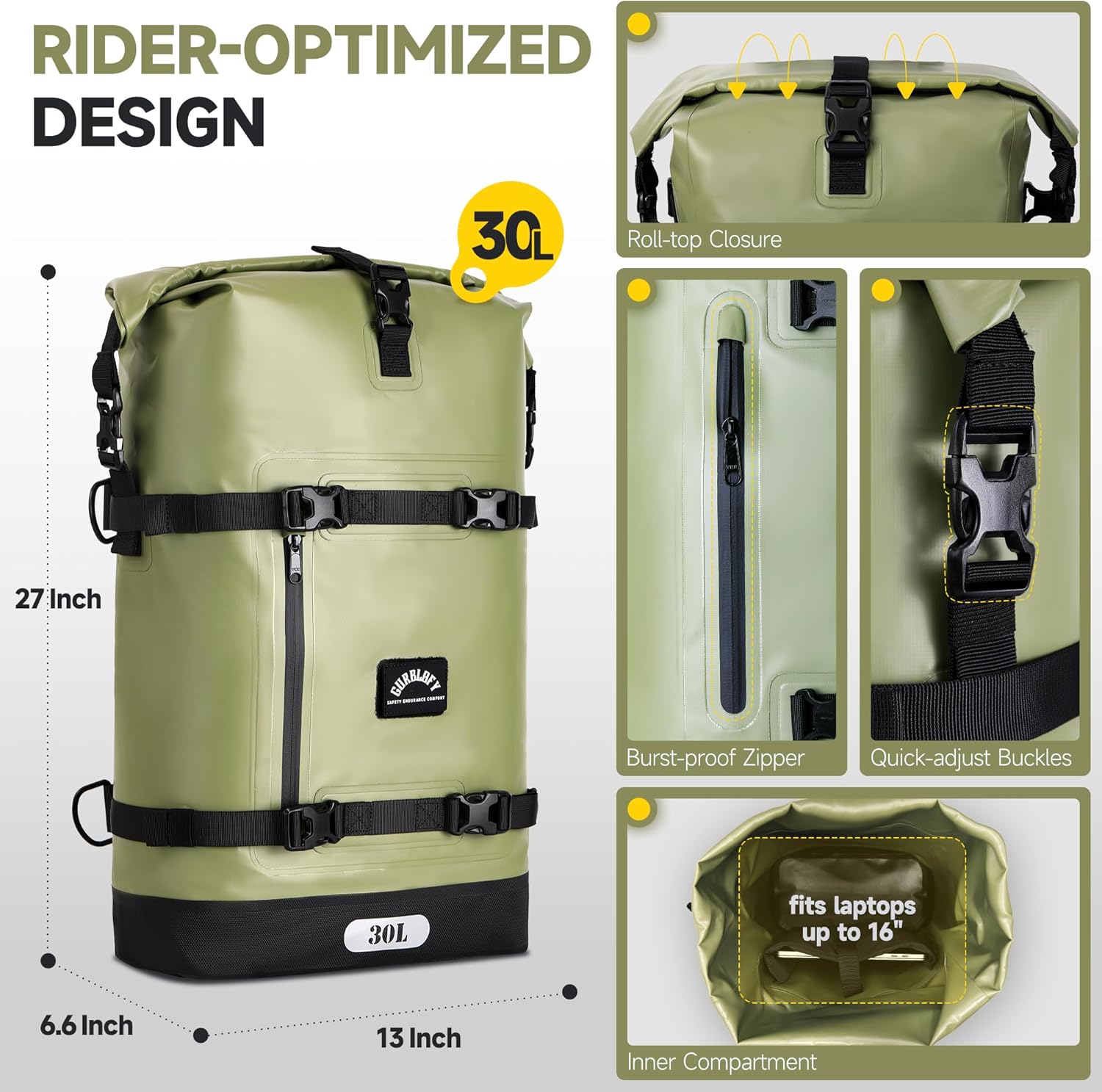 Motorcycle Saddle Bag, 30L Waterproof Motorcycle Tail Bag, 2 Size and 3 Color Options Travel Bag, PVC Bag, Rear Seat Bag, Field Green GT-30GN