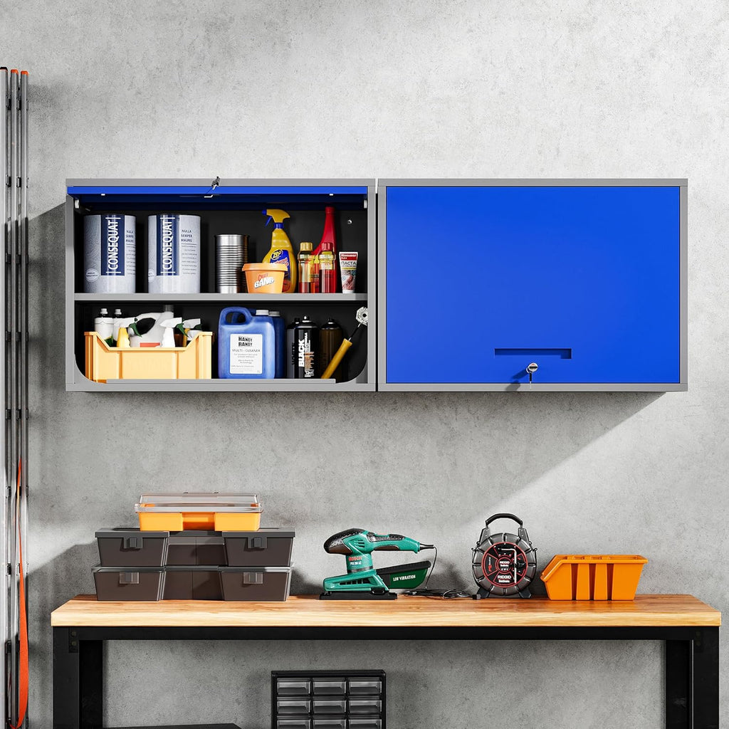 Yizosh Metal Storage Cabinet with Doors & Shelves - Wall Mounted, Floating - Blue Gray, 21.6" H - For Garage, Basement, Kitchen, Warehouse
