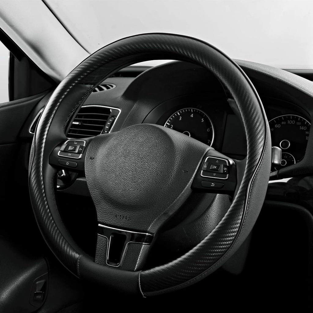 PIC AUTO Steering Wheel Cover, Black Piping Leather, Sports Carbon Fiber and Super Breathable Leather, Universal 14.5-15.5 Inch Anti-Slip Steering Wheels Accessories for Men & Women