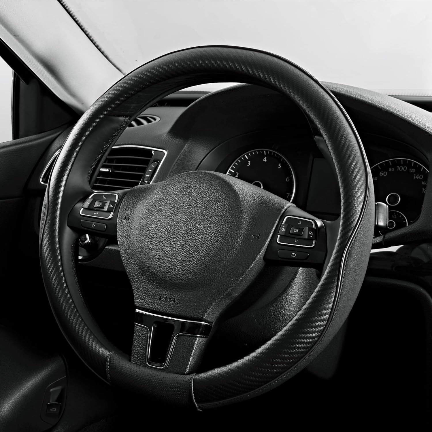 PIC AUTO Steering Wheel Cover, Black Piping Leather, Sports Carbon Fiber and Super Breathable Leather, Universal 14.5-15.5 Inch Anti-Slip Steering Wheels Accessories for Men & Women