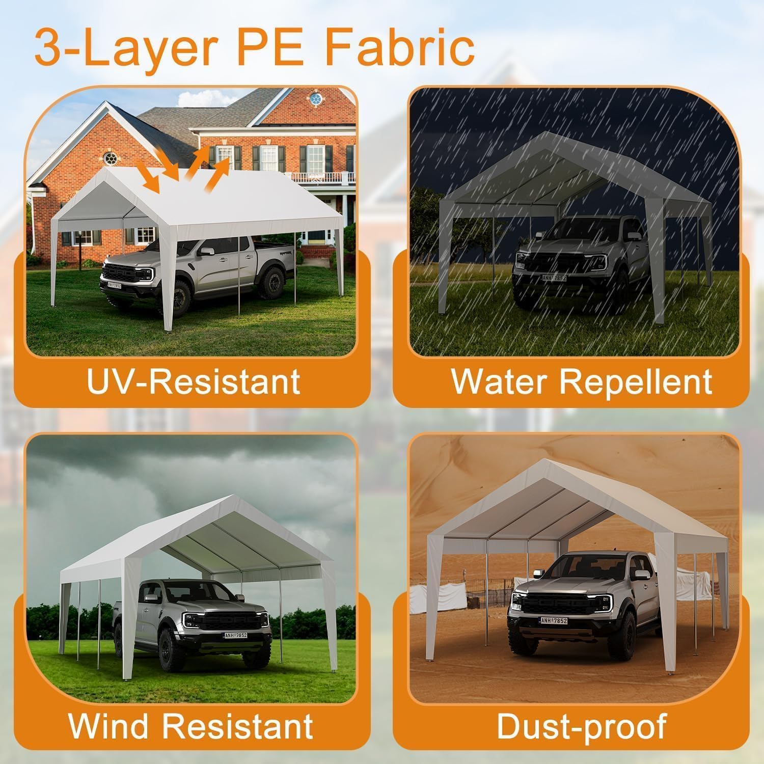 10x20ft Metal Carport Garage with PE Fabric and Galvanized Steel Frame Leg Wrap Carport for Outdoor Shelter for Cars, Trucks, and Boats - White
