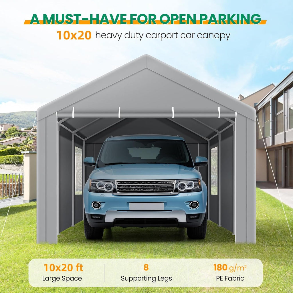 COBIZI Carports 10x20 Heavy Duty Car Canopy Garage with Removable Sidewalls & Doors, Galvanized Frame Portable Carport Canopy with Built-in Sandbags & All-Season Tarp for Car Boat Truck, Gray