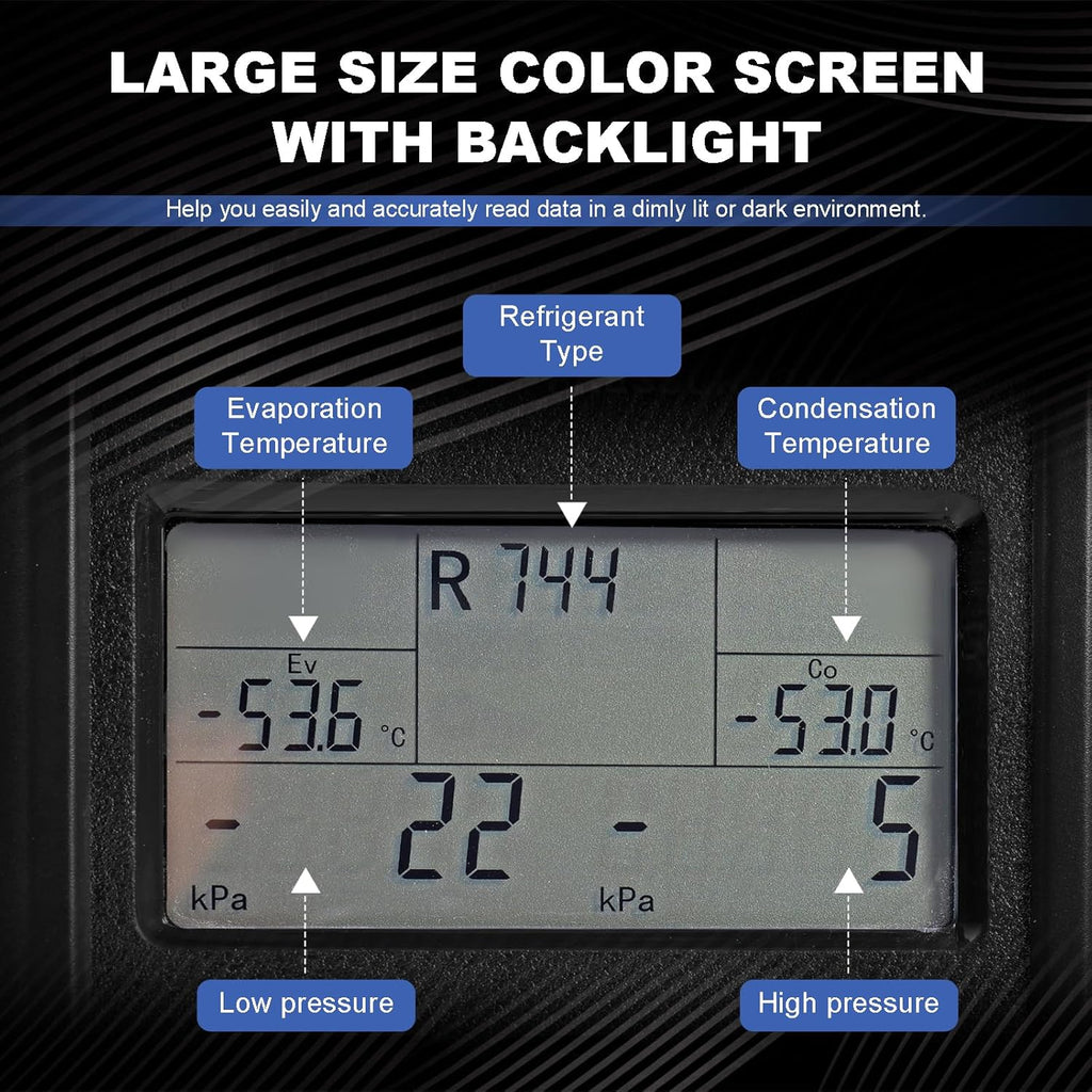 Digital Manifold Gauge, HVAC Refrigerants Digital AC Gauges Set with 2 Thermometer Clamps and 3 Hoses, for R22/R410A/R134A/1234YF Refrigerant Recharge Kit