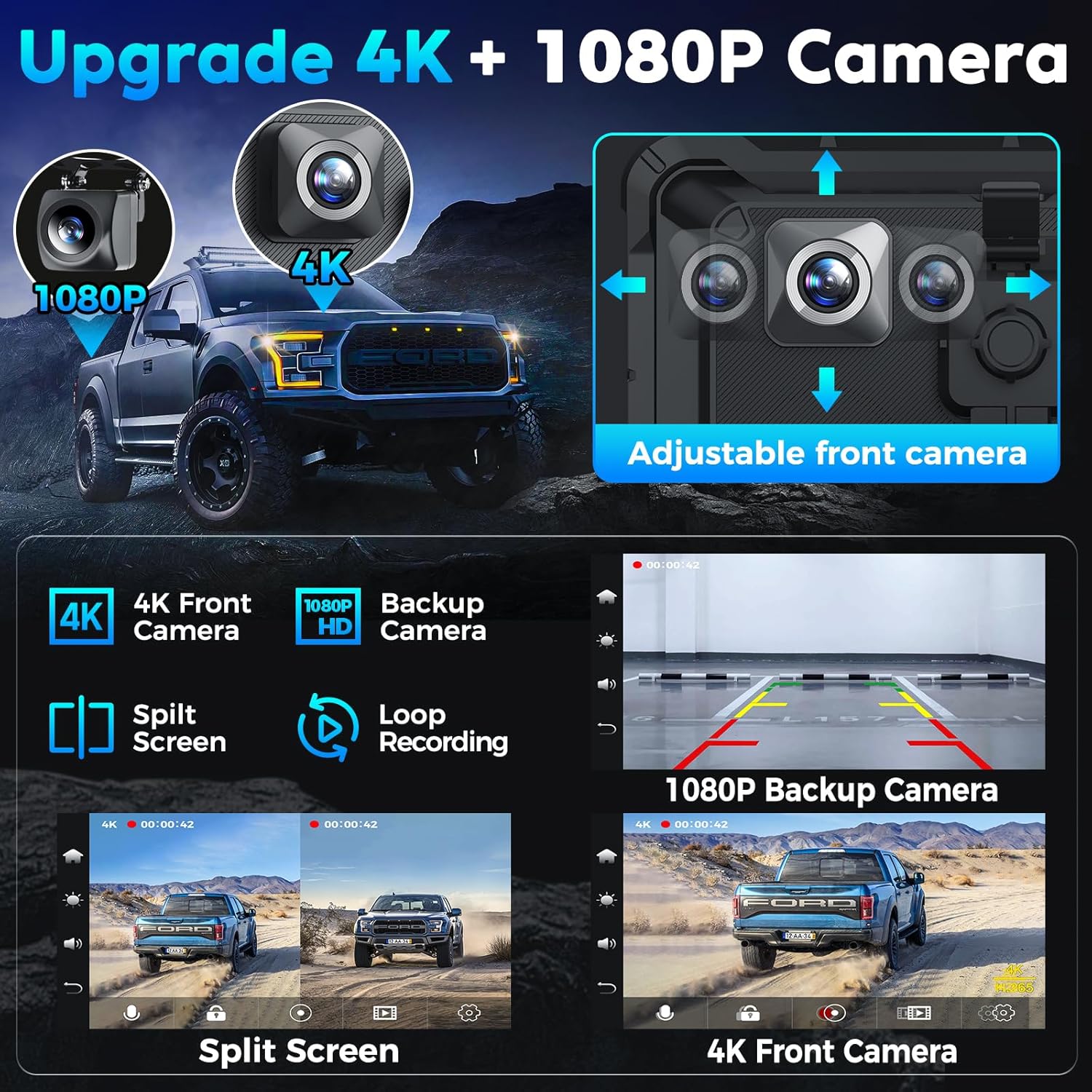 Portable Apple Carplay Screen for Car, 8" Wireless Android Auto Screen with 4K Dash Cam & 1080P Backup Camera, Secure Strong Bracket, Navigation, Bluetooth, Mirror Link, Fits All Vehicles