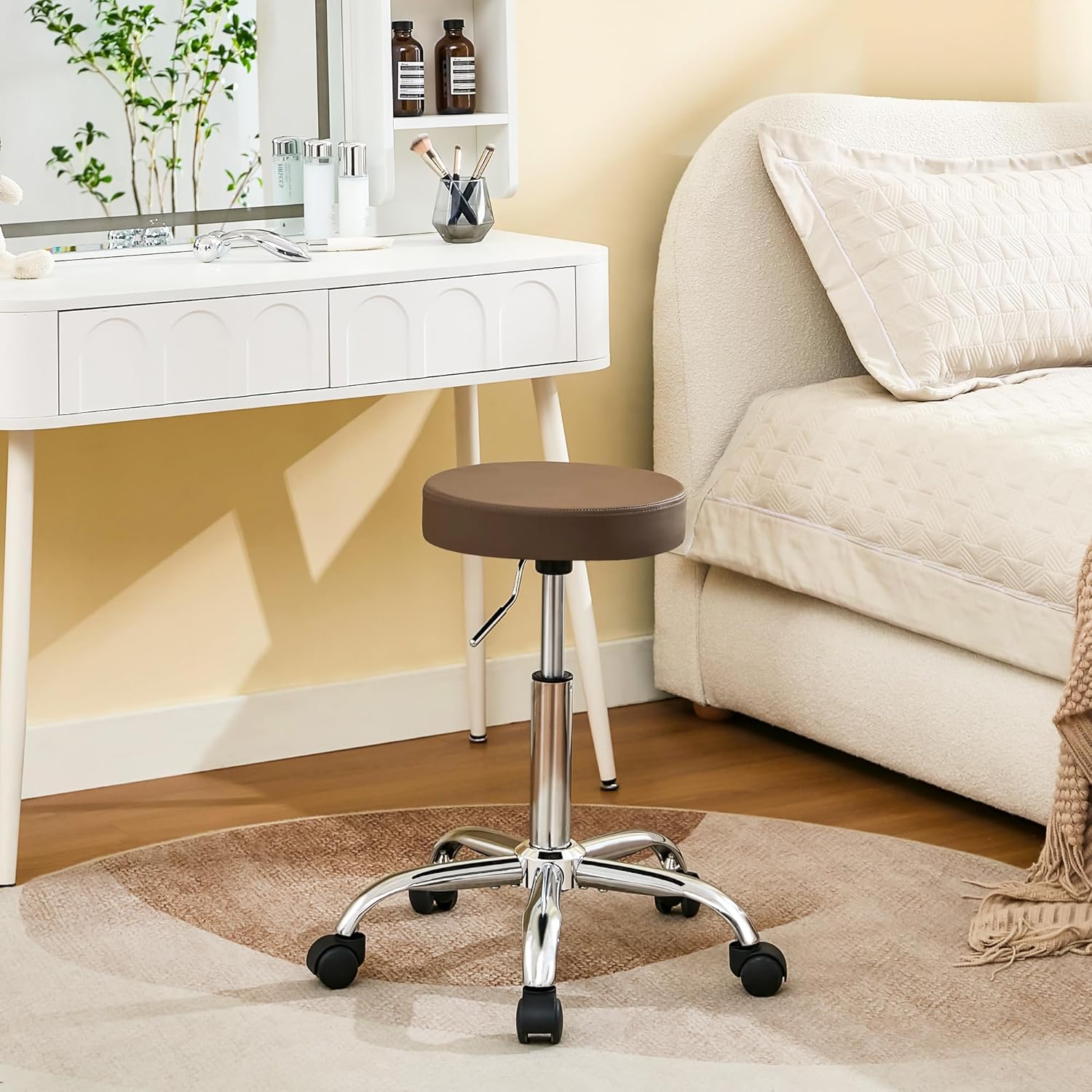 Salon Rolling Chair, Adjustable Stools with Wheels 19.5’’-26.6’’, Coffee Brown Hair Cutting Stool (Coffee Brown)