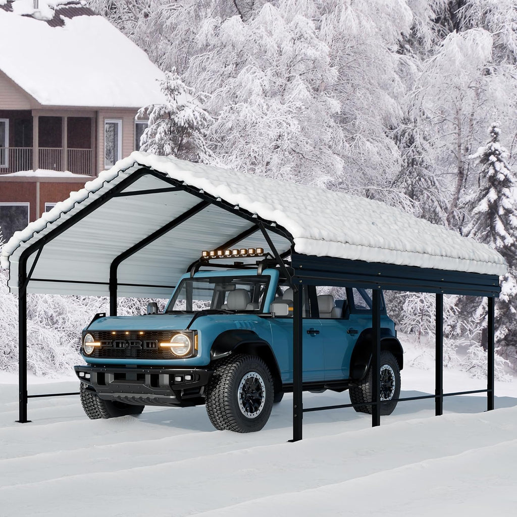 Walsunny Metal Carport 12x15 FT Heavy Duty Carport Canopy with Enhanced Base, Outdoor Car Shelter with Galvanized Steel Roof and Frame Garage for Truck, SUV, Boat, Gray