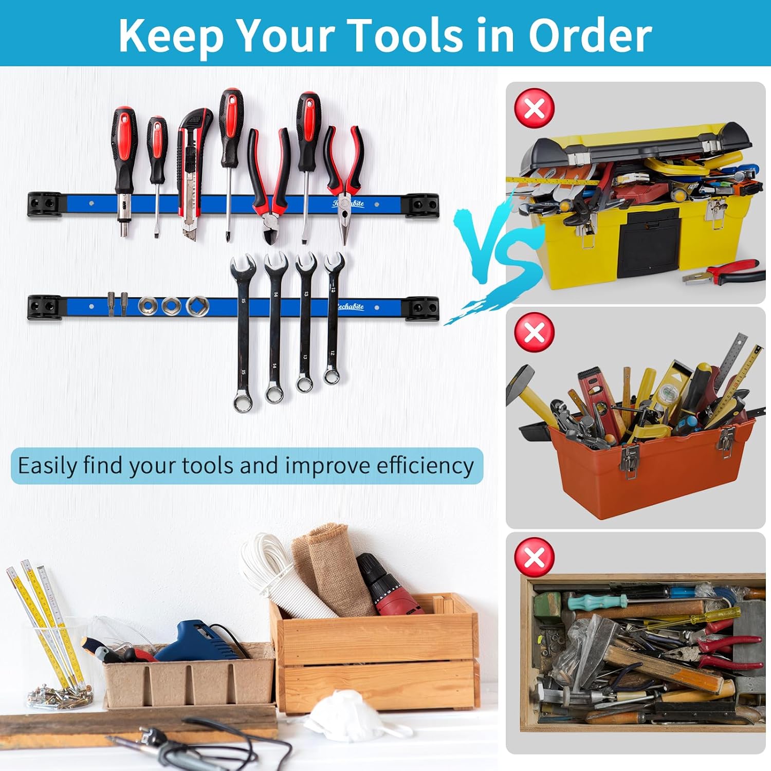4 Pieces 12" Magnetic Tool Holder Strip, Blue Magnet Bar, Metal Tool Organizer Rack for Garage Organization, Easy To Install in Workshop, Mounting Screws Included