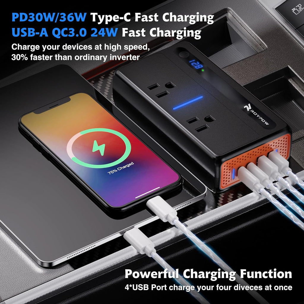 RoyPow 200W Car Power Inverter, DC 12V to 110V AC Power Inverter with Cigarette Lighter Port, Car Plug Adapter Outlet with 3.4A USB-A, QC3.0 24W, PD 30W, PD 36W, Dual AC Outlets, Car Charger Adapter