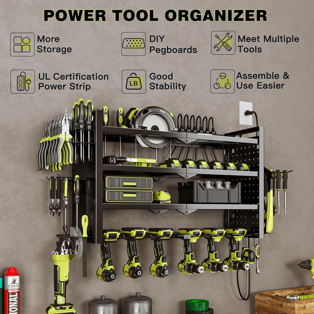 Power Tool Organizer Wall Mount with Charging Station 4 Layer 6 Slot Cordless Drill Holder with Angle Grinder Holder (Black)