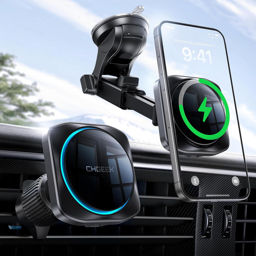 CHGeek for 15W Magsafe Car Mount Charger, iPhone Wireless Car Charger Magnetic Car Phone Holder Mount Fit iPhone 16 15 14 13 Magsafe Case, Vent/Windshield/Dash Phone Mount Holder Fast Cooling Charger