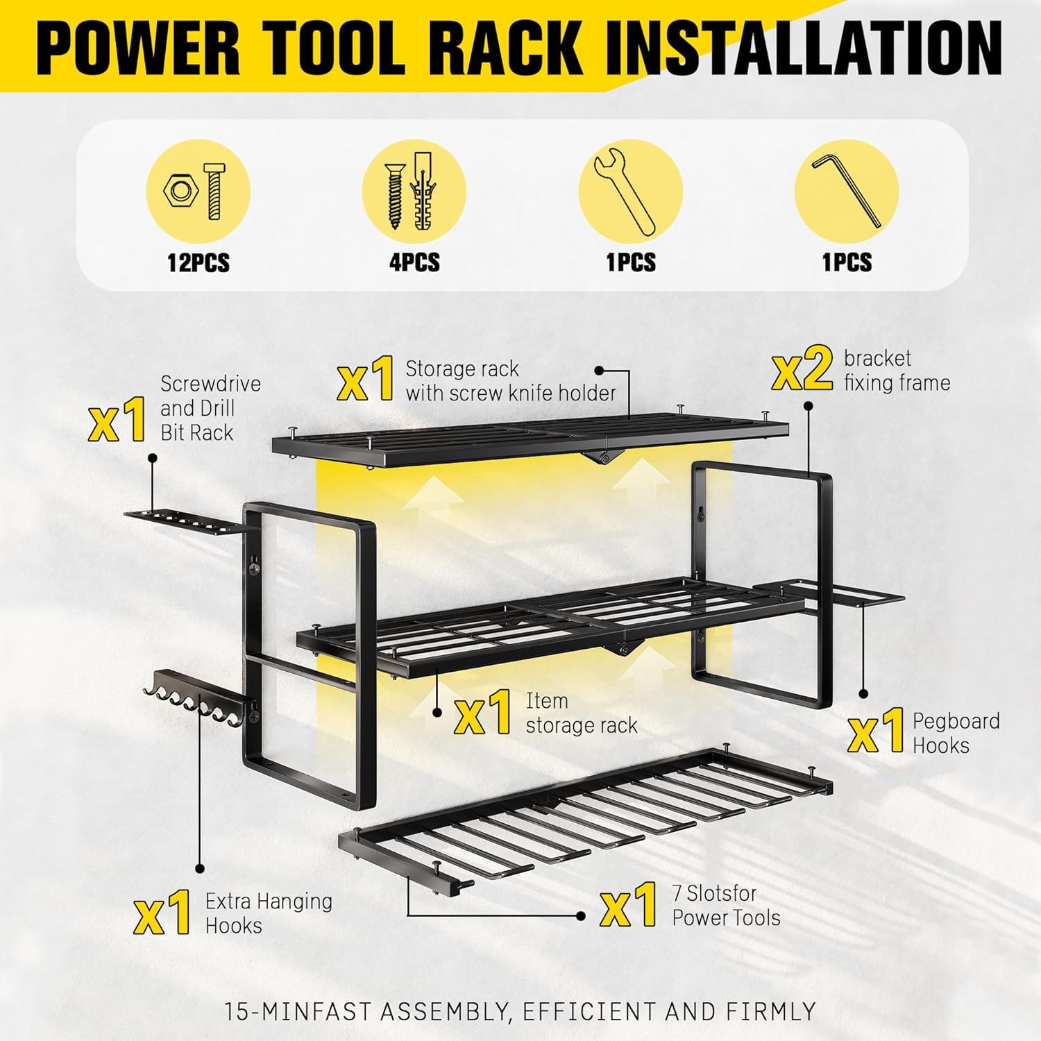 Power Tool Organizer Wall Mount - 300Lbs Load 3 Layers Storage Rack with 7 Drill Holders for Drills Cordless Tools. Heavy Duty Iron Garage Tool Organizer Storage for Workshop Shed Pegboard Basement