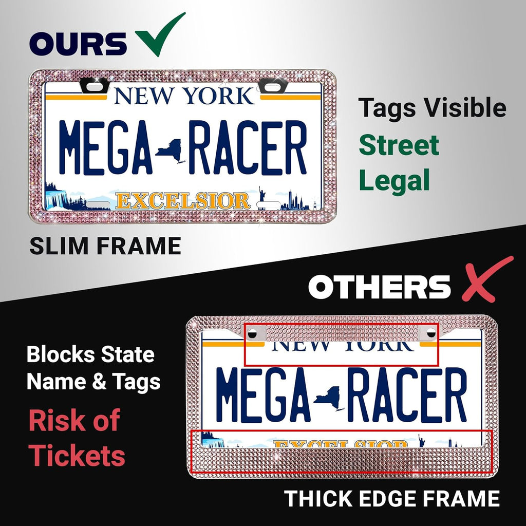 Glamorous Bling License Plate Frame for Women - 1 Pack, 800 Premium Pink Rhinestones, Rust-Free Stainless Steel, Street Legal Slim Design, Sparkly Diamond Car Tag Holder with Glitter Crystal Covers