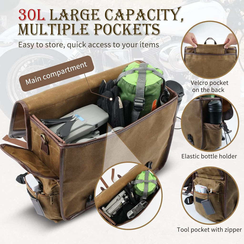 NICECNC Motorcycle Saddle Bags, Vintage Oil Waxed Canvas Motorcycle Saddlebags, Motorcycle Panniers Side Throw Over Saddle Bags Compatible with Harley Honda Suzuki Yamaha Adventure Street Glide Brown