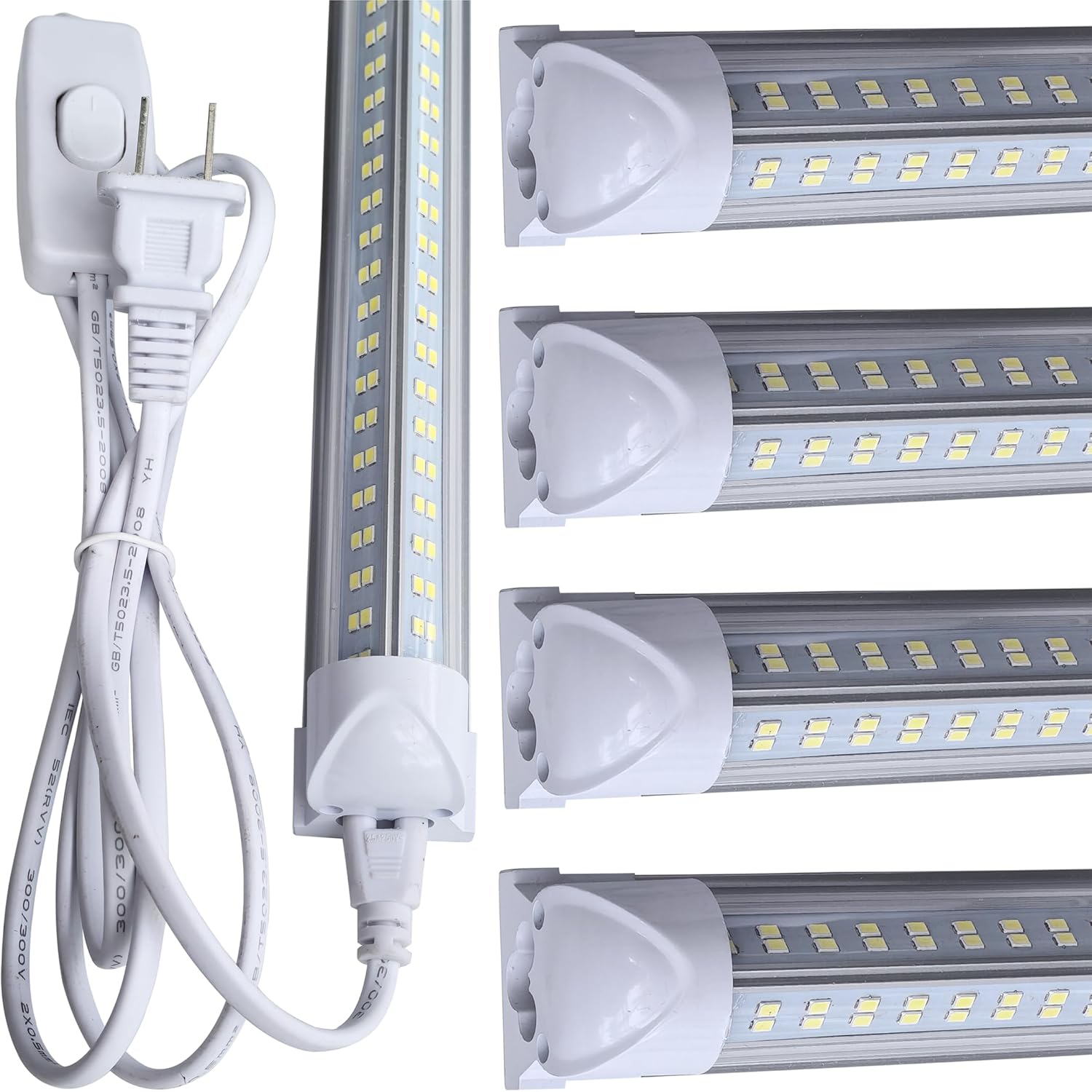 LED Shop Light Fixture, 4FT, 60W 7500LM, 6000K Cold White, 4 Foot T8 Integrated LED Tube Lights, Plug in Warehouse Garage Lighting, V Shape, Linkable with On/Off Switch (4PCS)