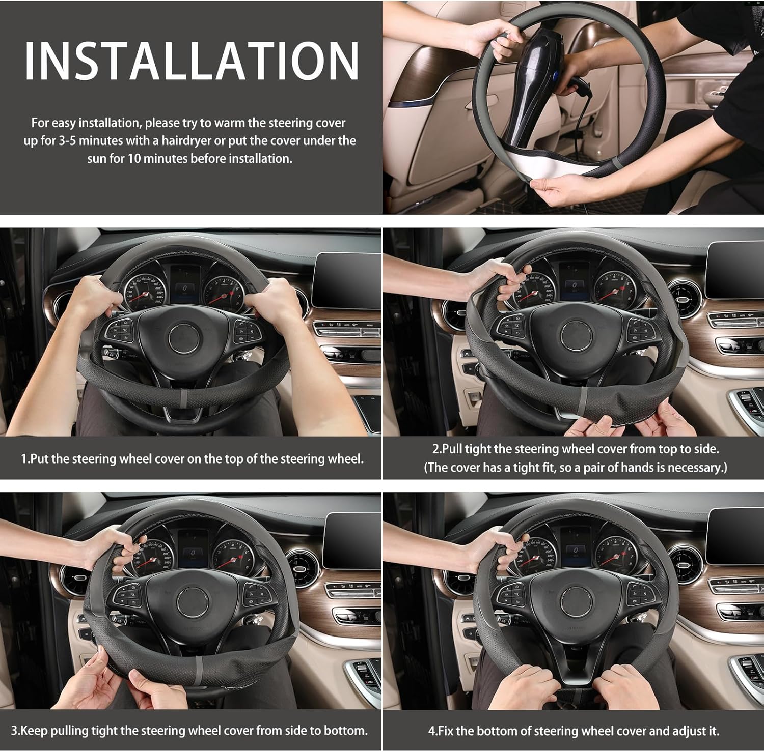 COFIT Breathable Car Steering Wheel Cover 15 inch Auto Universal Leather Wrap Non-Slip Steeringwheel Protector Automotive Interior Accessories, Grey (Suit for 14.5-15 inch)