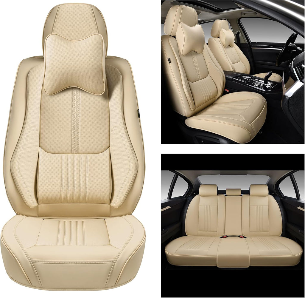 Car Seat Covers Full Set, Front and Rear Seat Covers for Cars, Waterproof Leather Auto Seat Protectors with Head Pillow, Car Seat Cushions Fit for Most Sedans SUV Pick-up Truck, Beige