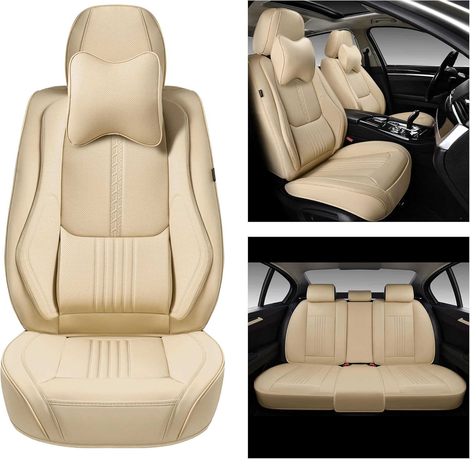 Car Seat Covers Full Set, Front and Rear Seat Covers for Cars, Waterproof Leather Auto Seat Protectors with Head Pillow, Car Seat Cushions Fit for Most Sedans SUV Pick-up Truck, Beige