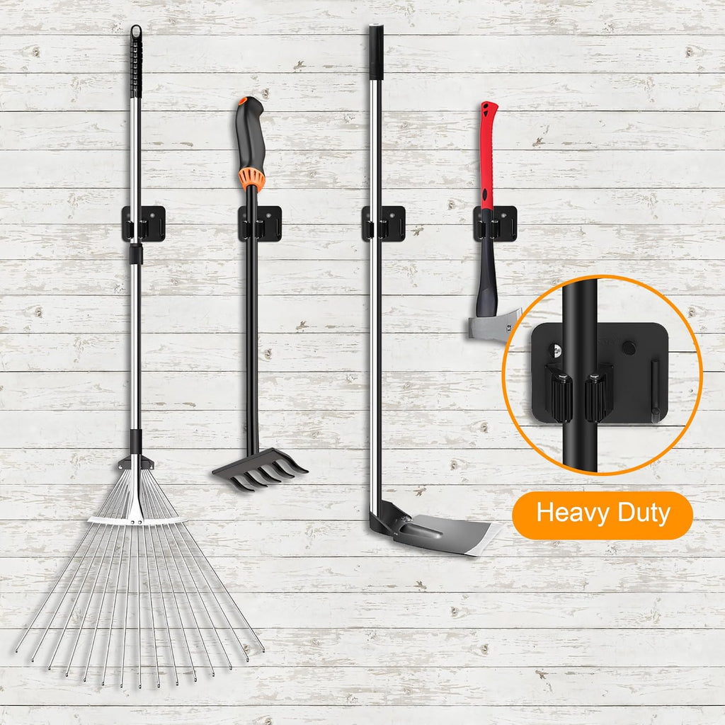 4 Pack Stainless Steel Broom Holder Wall Mount with Hook, Screw Drilling Broom and Mop Organizer Wall Hanging, Heavy Duty Storage Rack for Laundry Garage Closet Garden Tool Organizer, Black