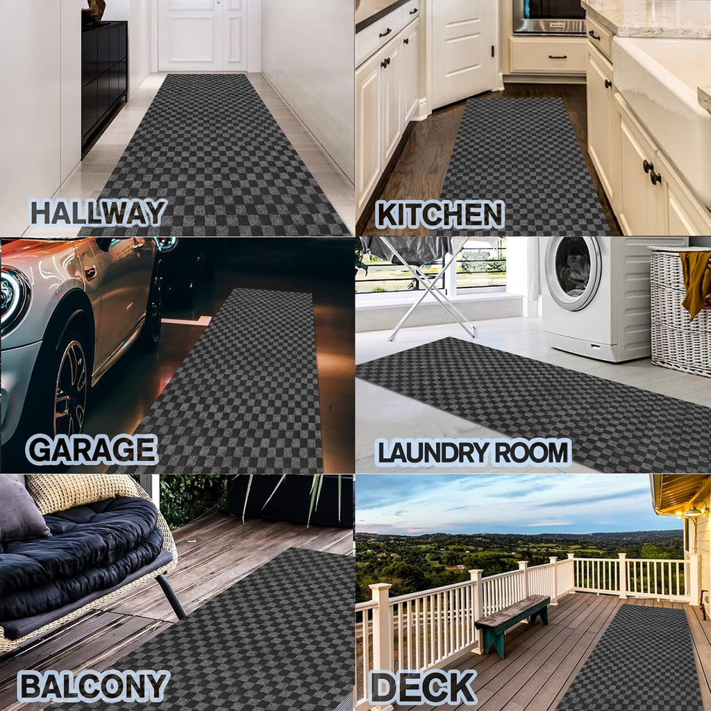 Custom Size Backed Non-Slip Area Rugs Runner, Easy Clean, Waterproof Runner Rugs for Hallway Entryway, Kitchen, Laundry, 4FT x 64FT, Gray Checkered