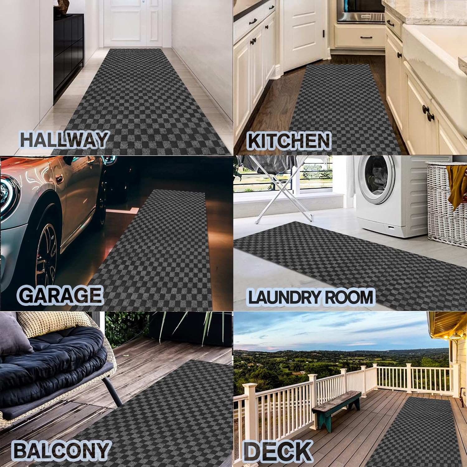 Custom Size Backed Non-Slip Area Rugs Runner, Easy Clean, Waterproof Runner Rugs for Hallway Entryway, Kitchen, Laundry, 3FT x 28FT, Gray Checkered