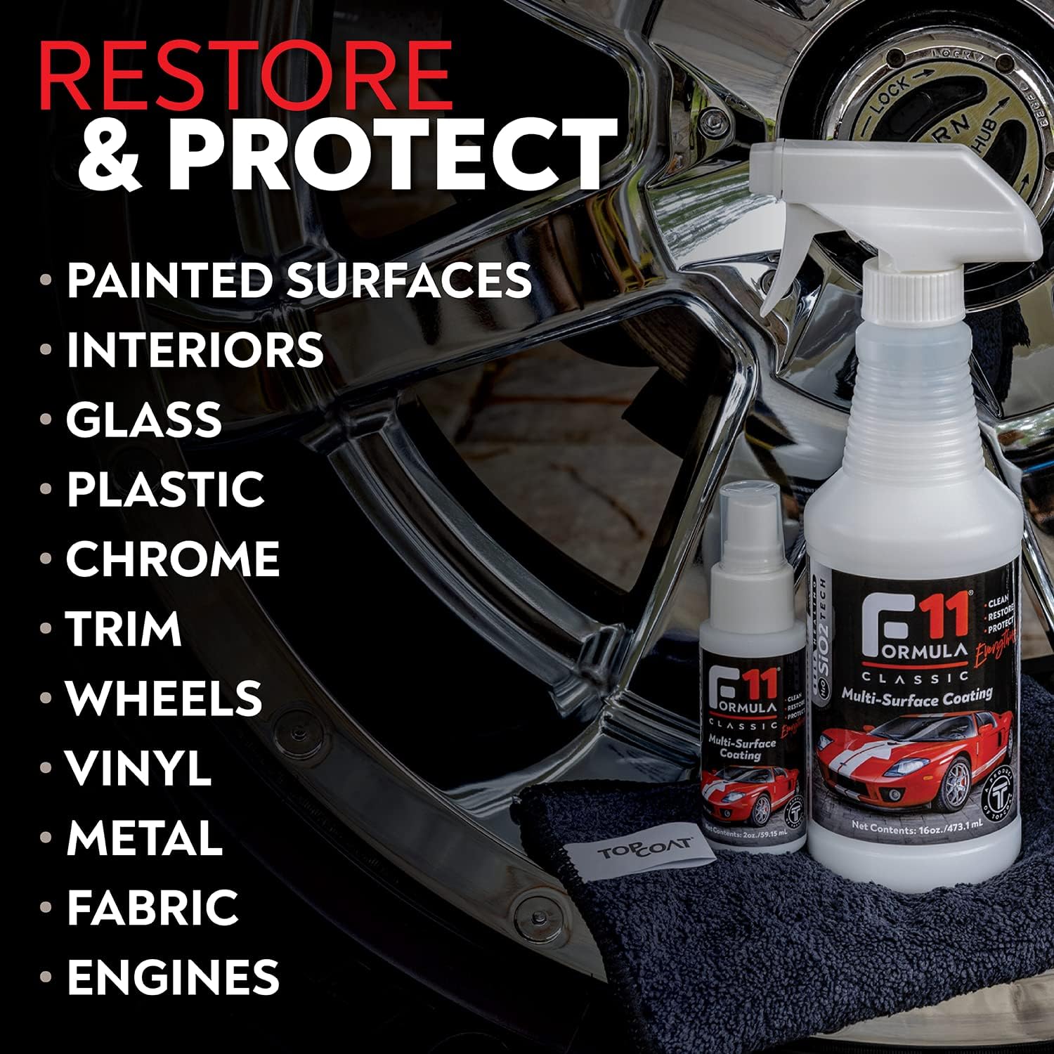 TopCoat F11 Polish & Sealer for Cars, Bikes and More – Water-Based Alternative to Ceramic Wax - 16 oz F11 Spray, 1 Gallon F11 Refill, and 5 Microfiber Towels