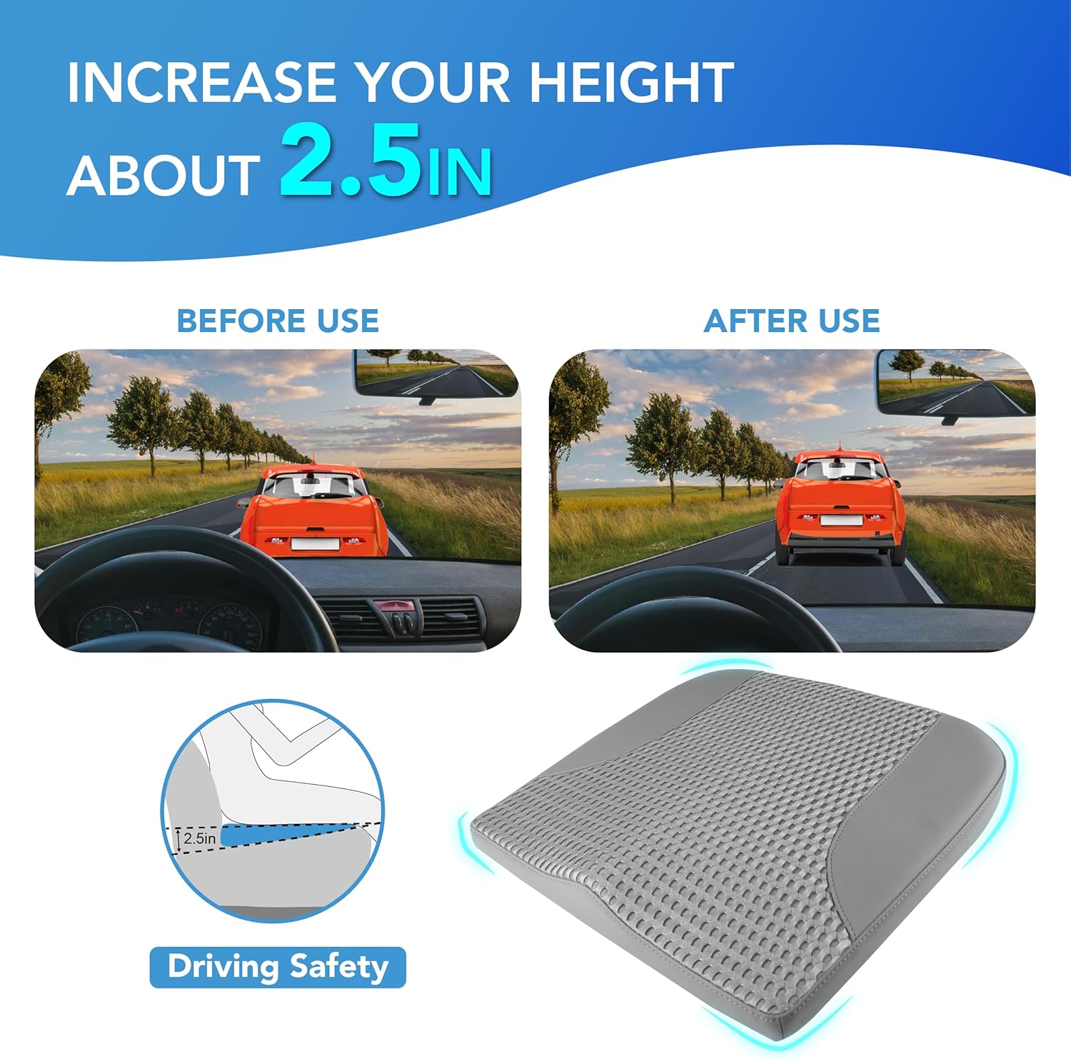 Car Seat Cushion, Comfortable Memory Foam Seat Pillow for Driving, Sciatica-Back Pain Relief, Cushion for Car-Truck, Office, Wheelchair - Dark Grey
