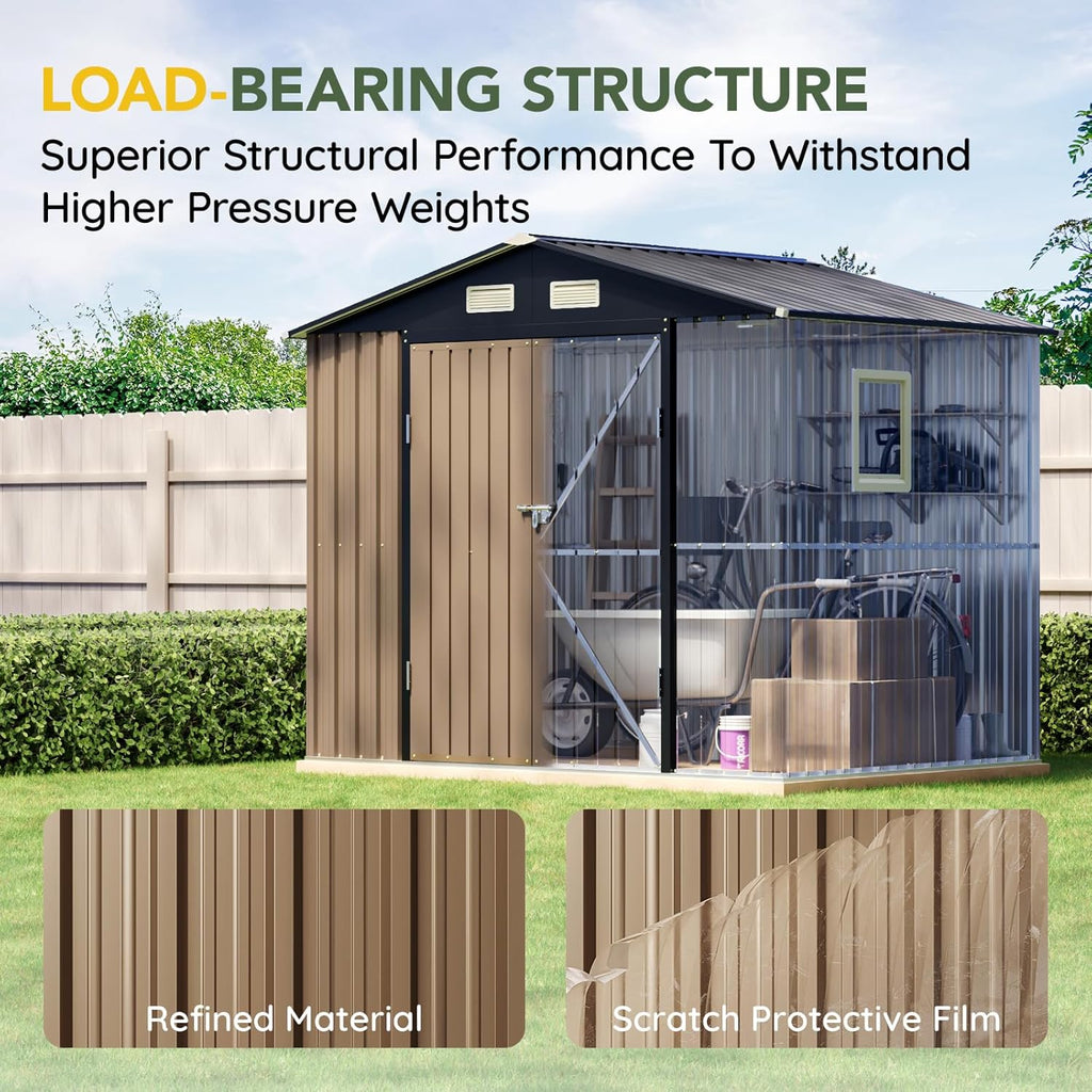 Breezz 6X8FT Outdoor Steel Storage Shed with Clear Window, Lockable Doors, Weather-Resistant Metal Tool Shed for Garden, Backyard, Patio, and Utility Storage.Brown