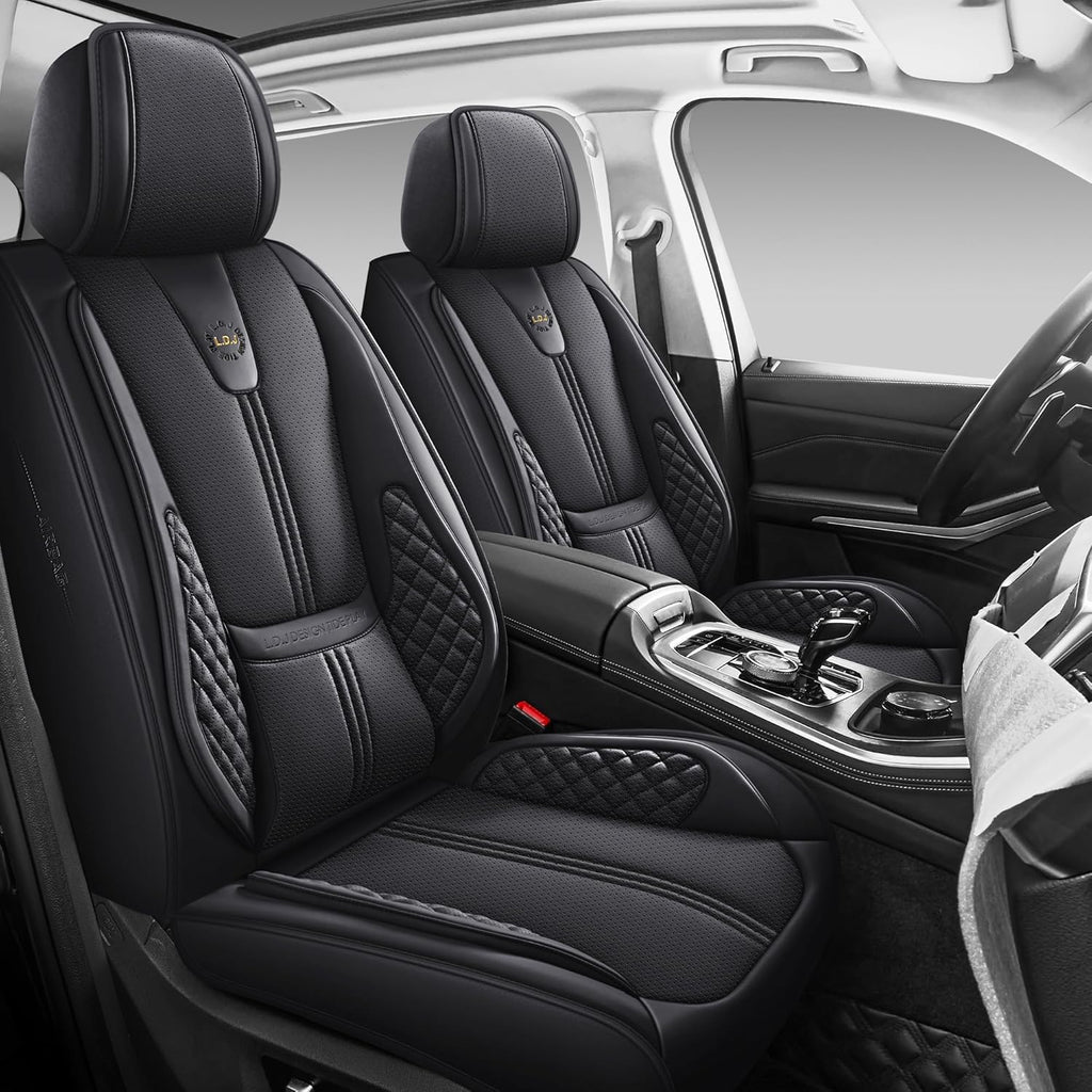Car Seat Covers Front Only, Black Seat Cover for Cars Compatible Airbag, Easy Install Luxury Leather Automotive Seat Covers with Lumbar Support, for Car, Truck, SUV, Black