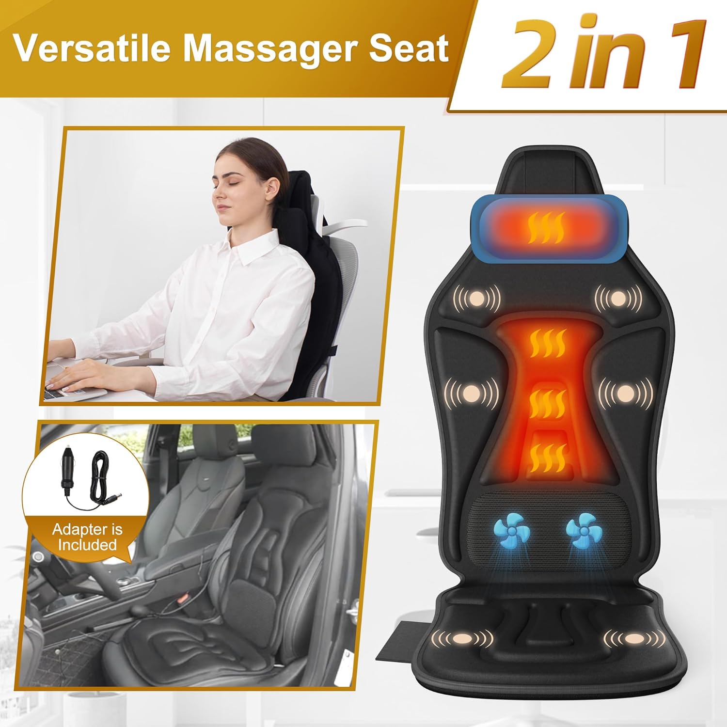 Back Massager with Heat for Pain Relief Deep Tissue, Portable Chair Massager Seat Cushion with Vibration Massage, Back Massage Chair Pad with Optional Cooling, Gifts for Dad Men Women Home Office Use
