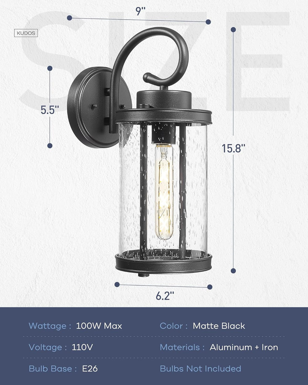 kudos Porch Lights Outdoor, 15.8 inch Large Cylinder Wall Light, E26 Sockets, Anti-Rust Waterproof Light Fixtures Wall Mount for Patio, Black with Seeded Glass, KDOWL01-BK-L