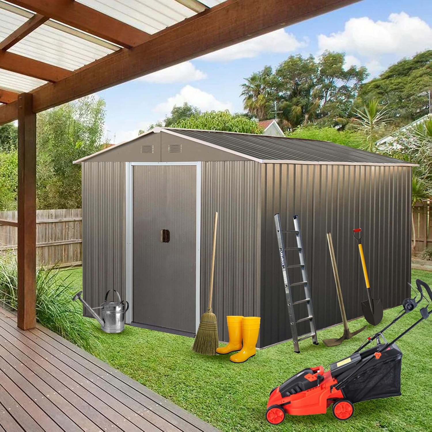 8x10 FT Outdoor Storage Shed, Metal Garden Shed with Frame Floor, Outside Tool Shed with Lockable Sliding Doors, Waterproof Storage Building with Sloped Roof for Backyard, Patio, Lawn, Gray