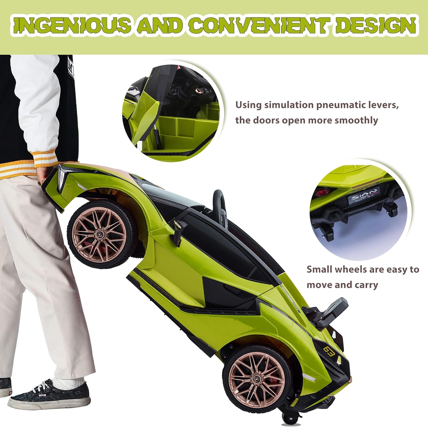 TOBBI Electric Ride On Car Toy for Kids to Drive, 12V Battery Powered Licensed Lamborghini SIAN with Parent Remote Control for Toddlers 3-6 Years w/Functions Spring Suspension/Horn/LED Lights-Green