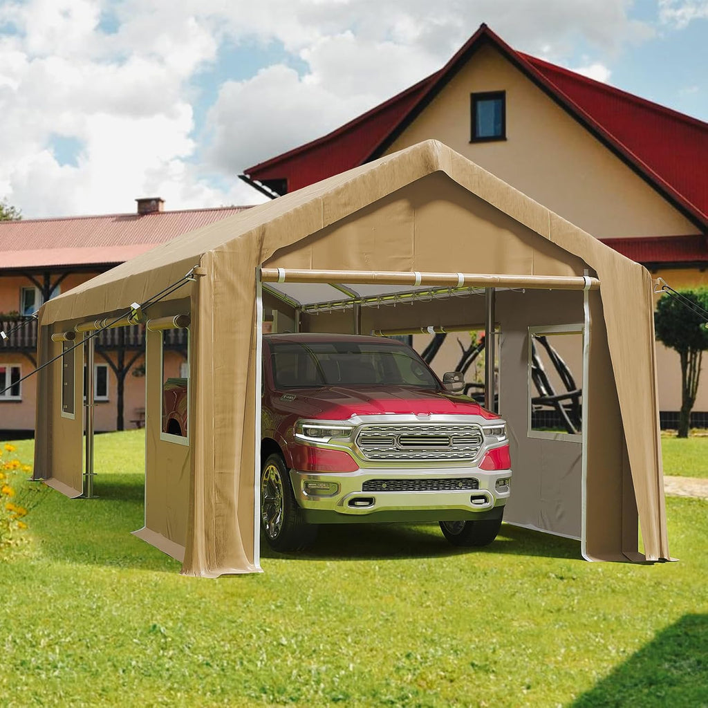 10x20ft Heavy Duty Carport Outdoor Canopy Portable Garage with 4 Doors & 4 Windows Waterproof UV Resistant Storage Shelter with Removable Sidewalls for Car Truck Boat, Earthy Yellow