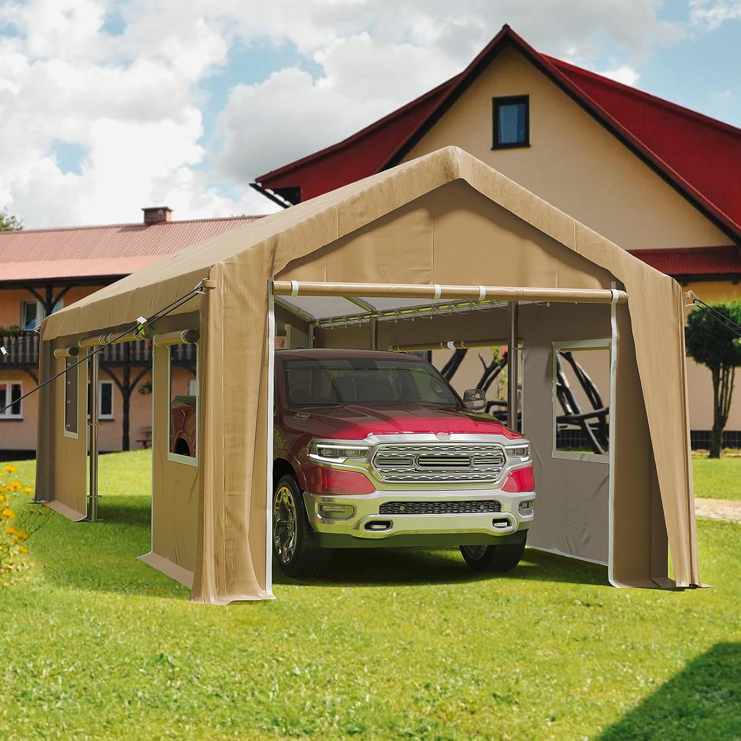 12x20ft Heavy Duty Carport Outdoor Canopy Portable Garage with 4 Doors & 4 Windows Waterproof UV Resistant Storage Shelter with Removable Sidewalls for Car Truck Boat, Earthy Yellow