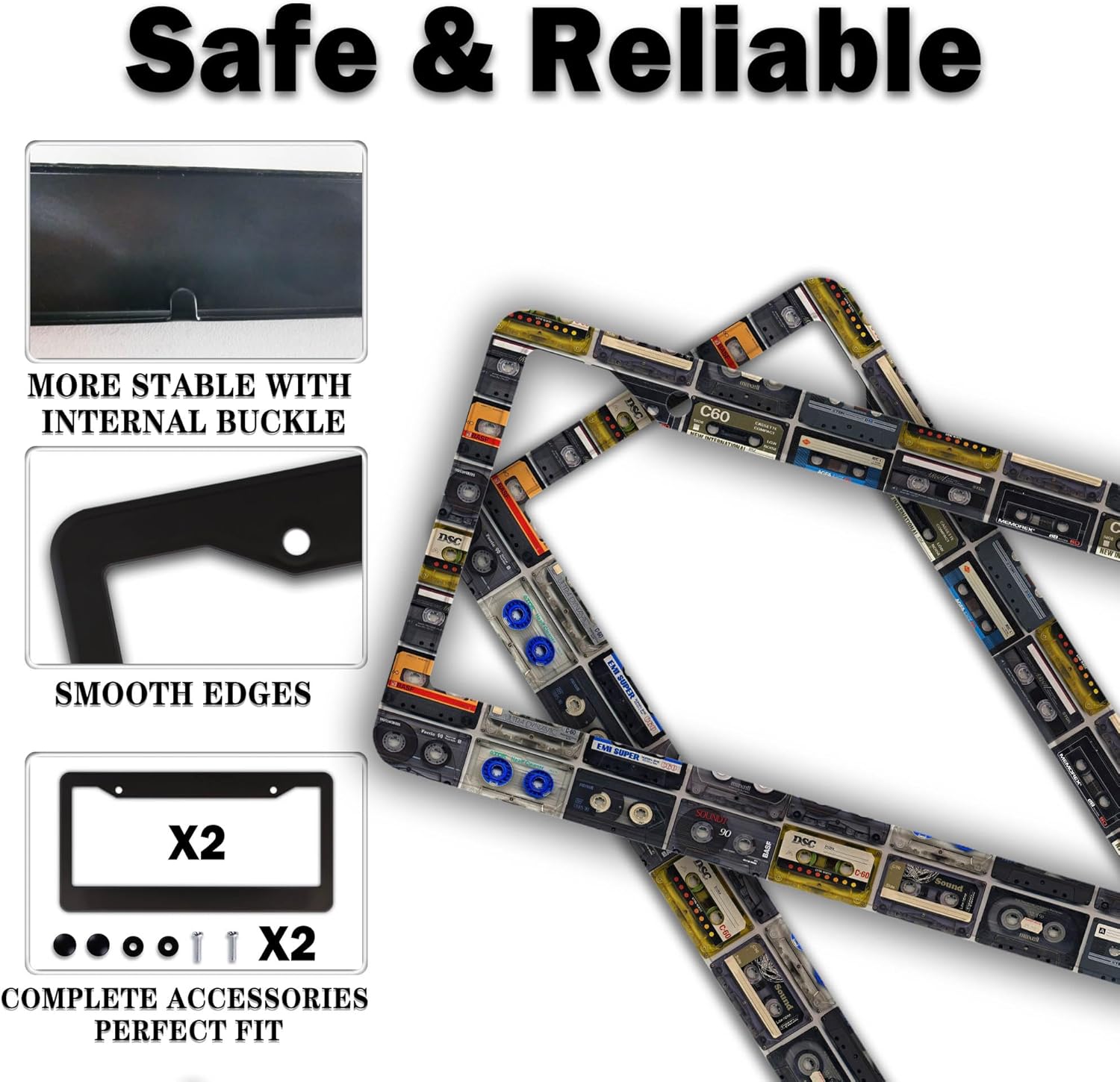 License Plate Protector Multicolor License Plate Frames Vintage Cassette Music Tape Aluminum Metal Car Accessory 2 Pack with Screw Covers Set