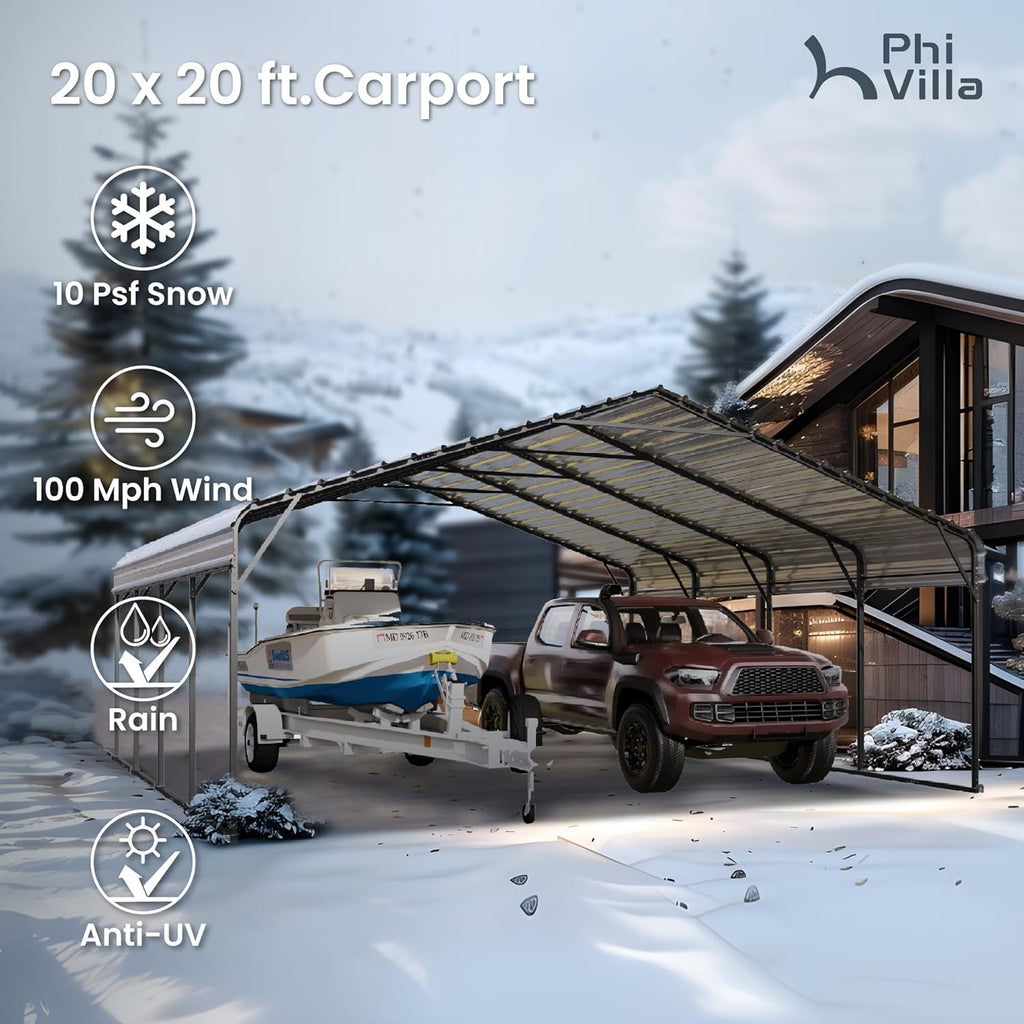 PHI VILLA 20 x 20 ft Carport 2 car Metal Carport Tent with Galvanized Steel Roof with Sidewalls Enclosure Kit, Sturdy Heavy Duty Metal Storage Shed for Cars, Boats, and Tractors