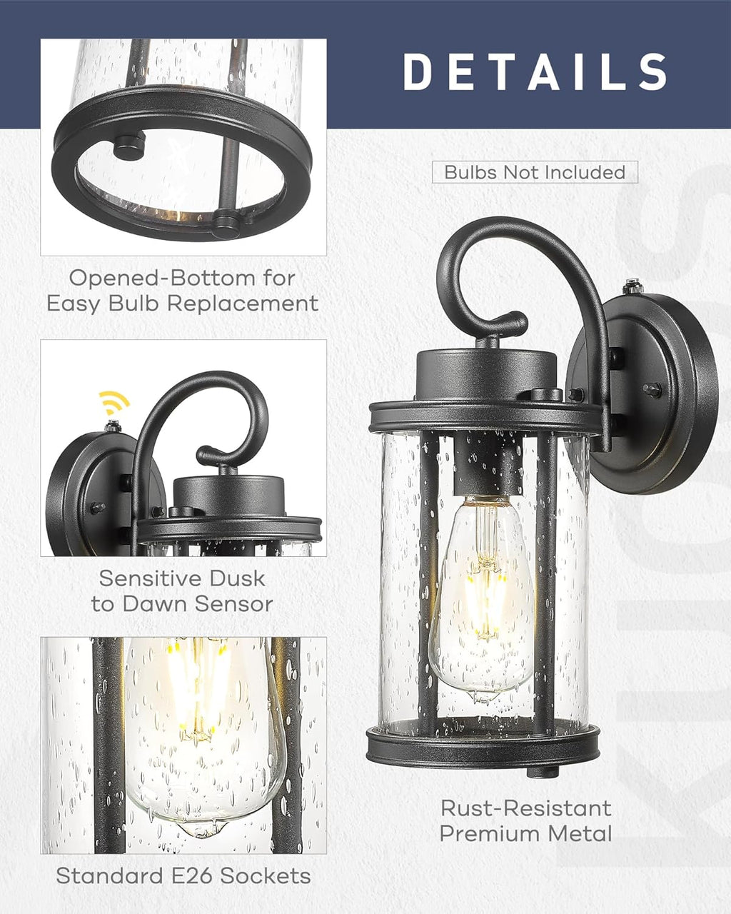 kudos Dusk to Dawn Outdoor Lighting, 12.5 inch Porch Lights Outdoor, Anti-Rust Waterproof Cylinder Wall Light for Patio, Garage, Black with Seeded Glass, KDOWL01-BK-LC