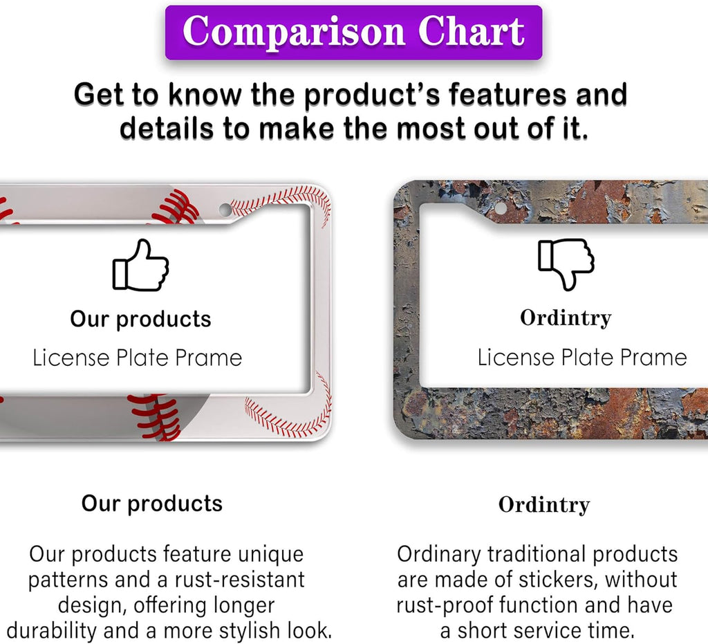 License Plate Frames for Men Red and White License Plate Cover for Women Baseball Texture Aluminum Metal Car Accessory 2 Pack with Screw Covers Set
