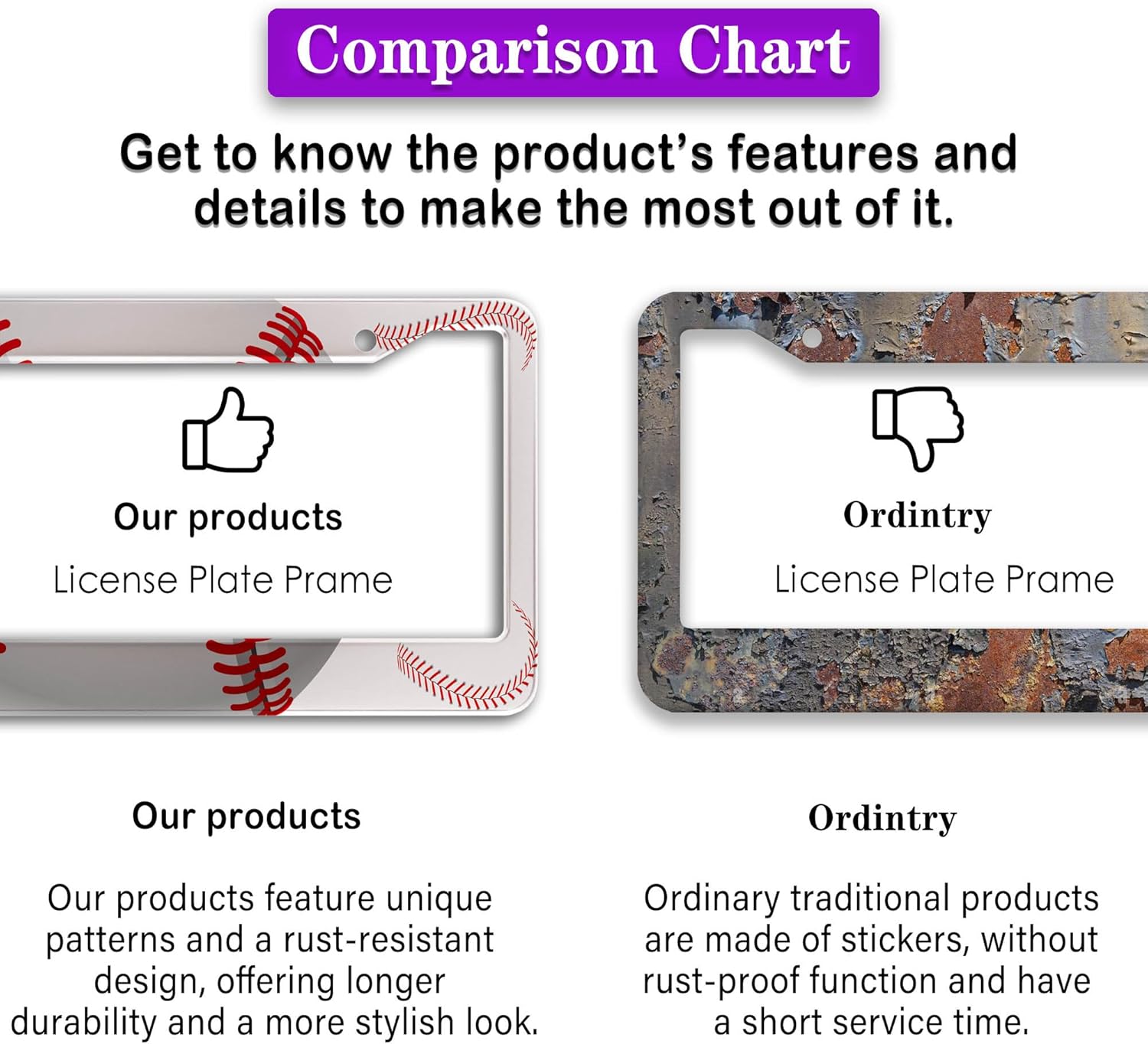 License Plate Frames for Men Red and White License Plate Cover for Women Baseball Texture Aluminum Metal Car Accessory 2 Pack with Screw Covers Set