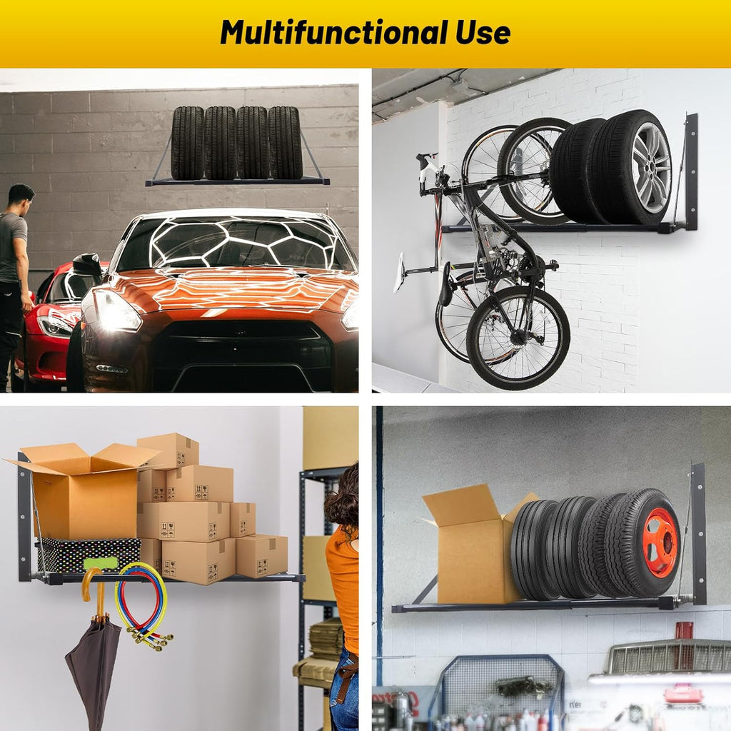 ROBLOCK Adjustable Tire Rack Wall Mount for Garage, Folding Wheel Spare Tire Carriers with Heavy Duty Steel, Adjustable Length(32"-48"), Grey