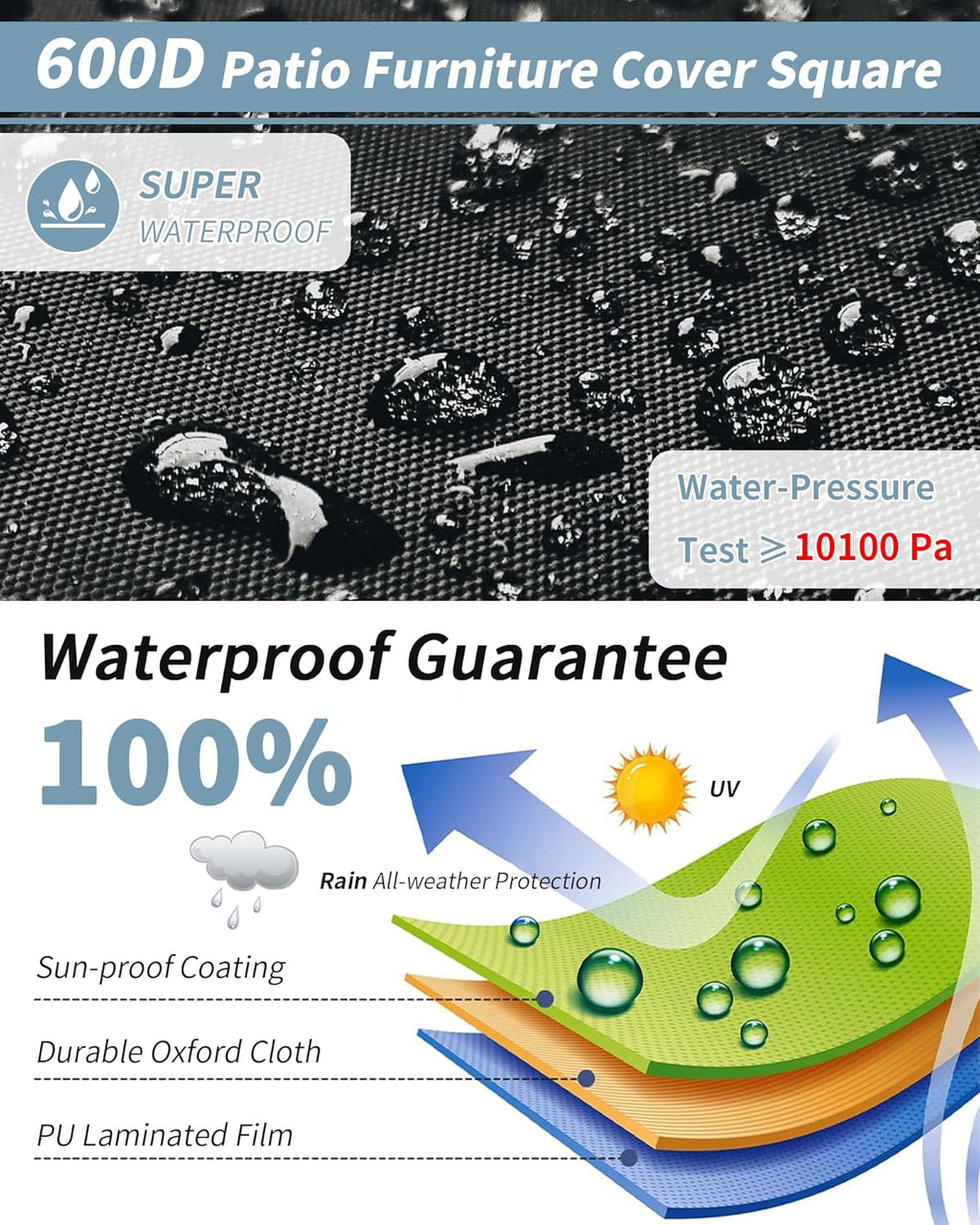 Outdoor Waterproof Furniture Cover, 86W x 86L x 28H inches Heavy Duty 600D Square Table and Chair Set Protection, Black