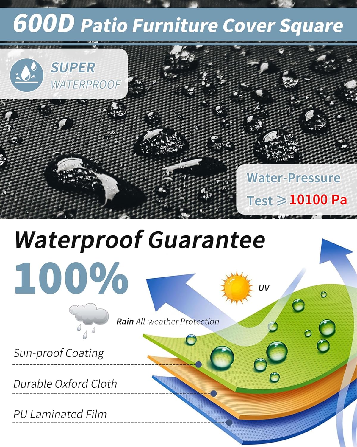 Outdoor Waterproof Furniture Cover, 136W x 74L x 28H inches Heavy Duty 600D Rectangular Table and Chair Set Protection, Black