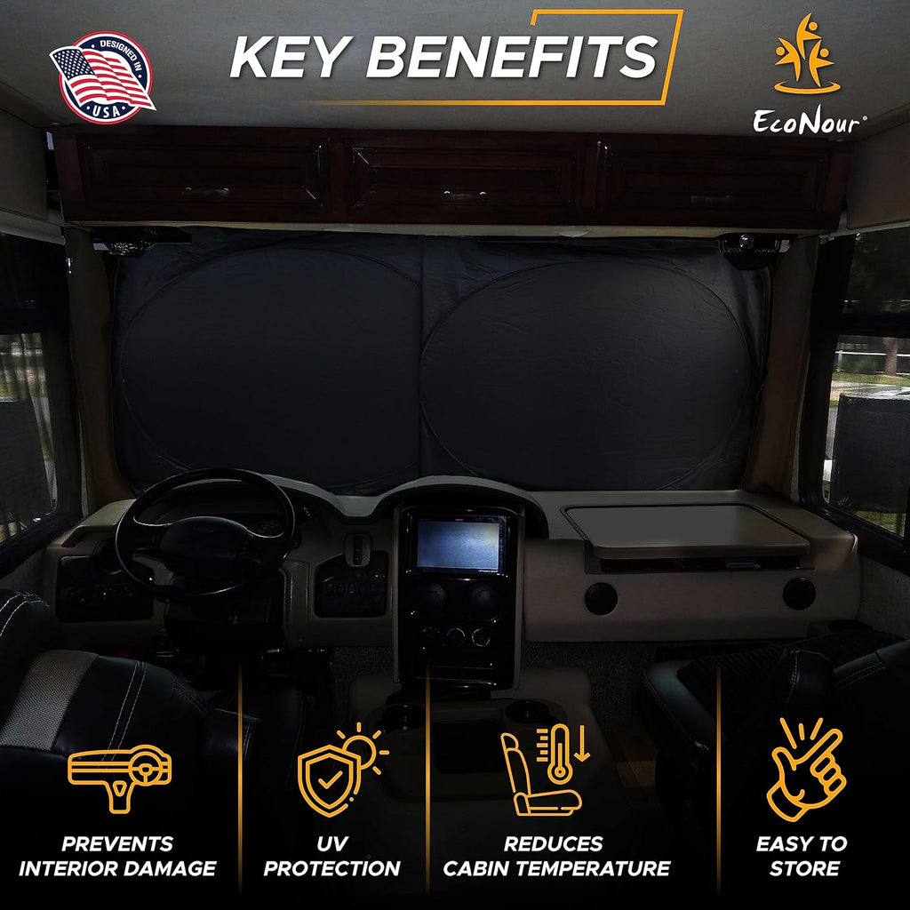 EcoNour Butterfly RV Windshield Sunshade | Windshield Cover Sunshade for UV Rays & Heat Protection, Keeps Your Interior Cool | Fits RVs, Trucks, Motorhomes, Buses | XXL - 102 x 51 inches