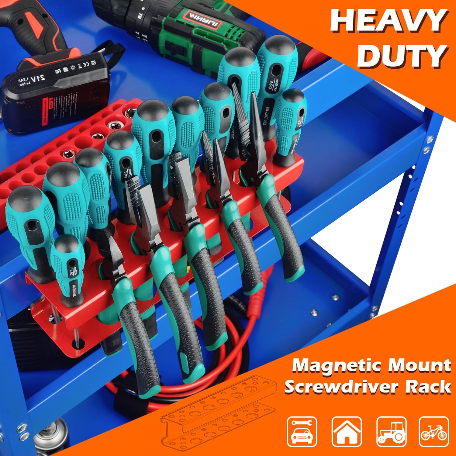 MUTUACTOR Magnetic Screwdriver Holder,Heavy Duty Magnetic Mount Red Screwdriver Organizer,Magnetic Tool Holder Durable Storage Holder for Screwdriver Plier Shear Tool Chest Cart Workbench,1PCS