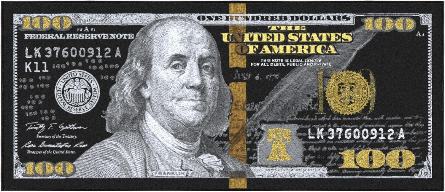 Ottomanson 22" x 53" $100 Bill Money Rug - Durable & Non-Slip Area Rug - Fun & Eye-Catching Decor for Bedroom, Office, Game Room & Man Cave - Unique Gift for & Trendy Home Decor, Black/Gold